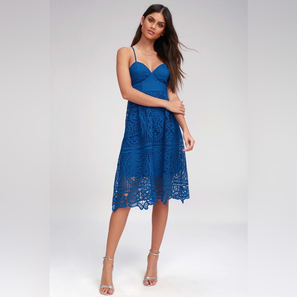 Lulu's Cobalt Blue Real Life Dream Laced Fully Lined Tie Back Dress Medium - Picture 1 of 4